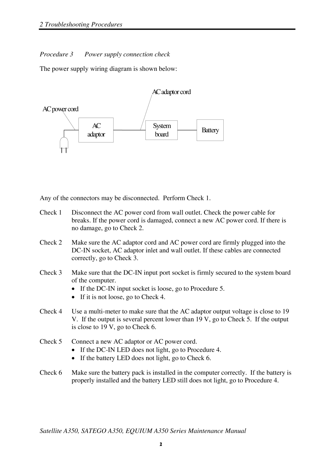 Toshiba A350 manual Battery, Procedure 3 Power supply connection check 