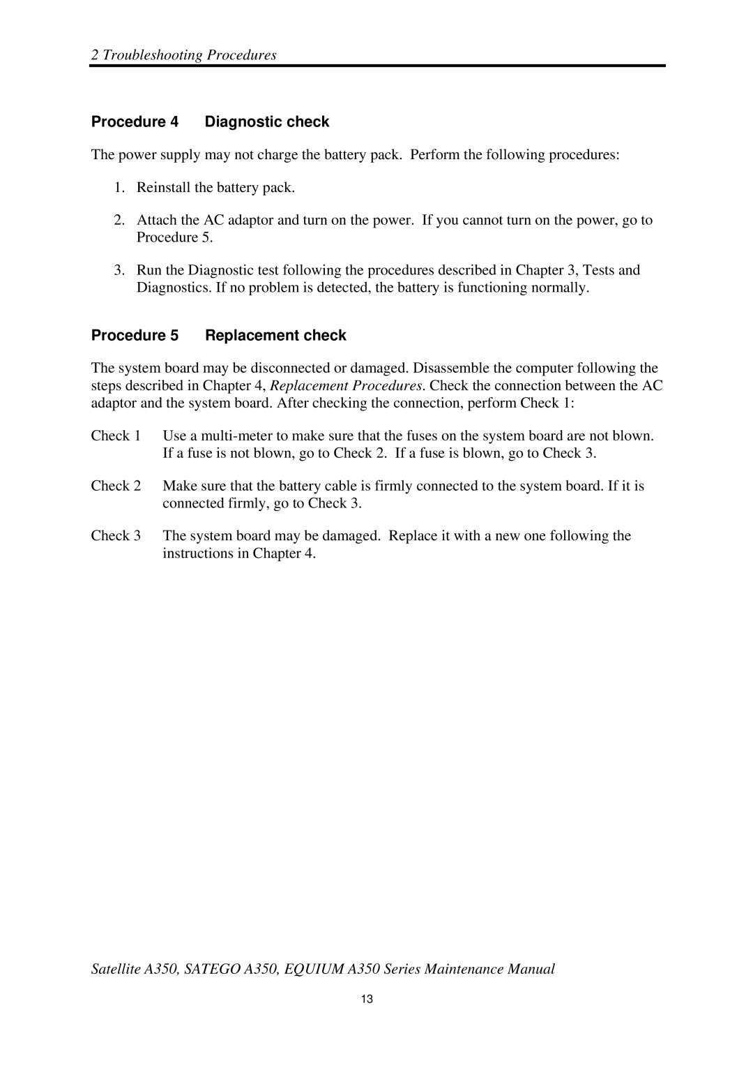 Toshiba A350 manual Procedure 4 Diagnostic check, Procedure 5 Replacement check 