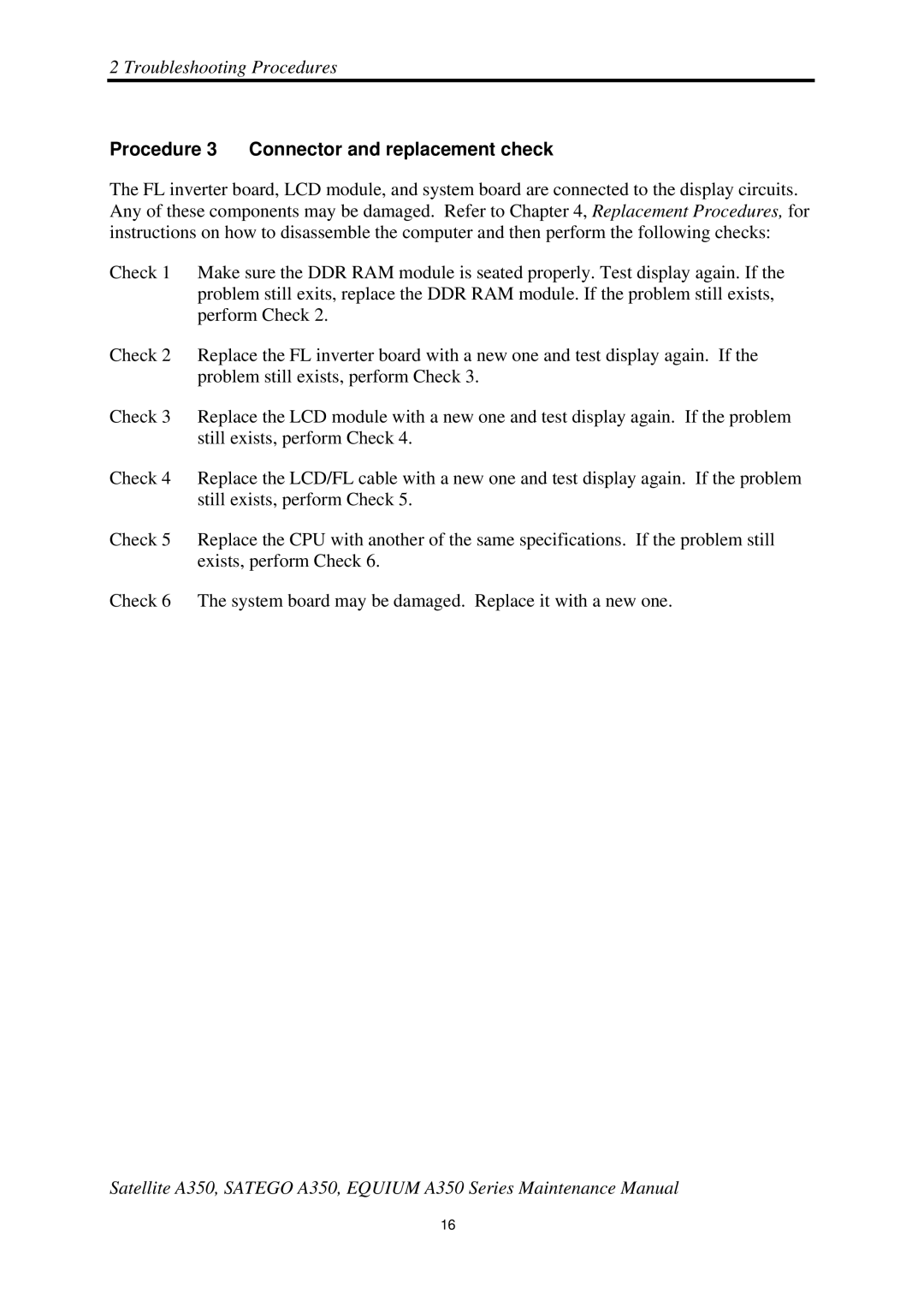 Toshiba A350 manual Procedure 3 Connector and replacement check 