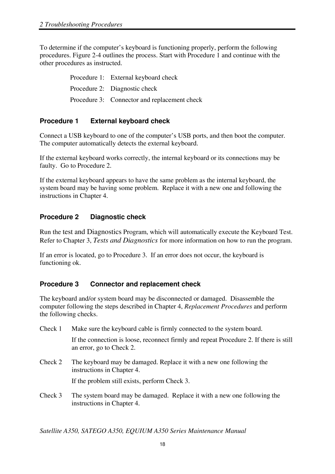 Toshiba A350 manual Procedure 1 External keyboard check, Procedure 2 Diagnostic check 