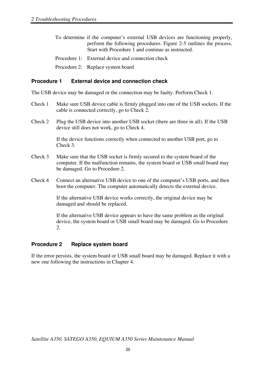 Toshiba A350 manual Procedure 1 External device and connection check, Procedure 2 Replace system board 
