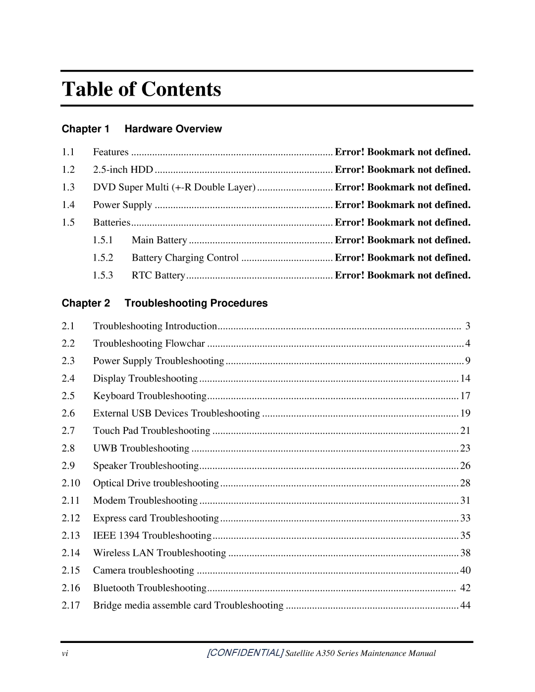 Toshiba A350 manual Table of Contents 