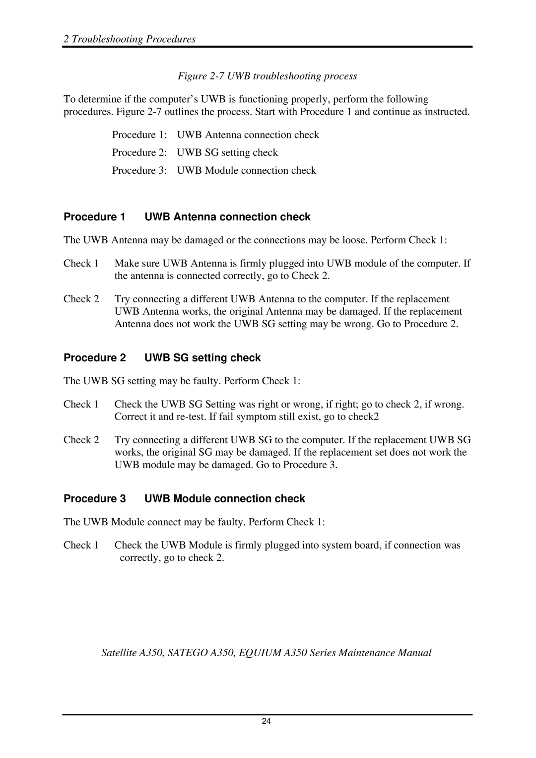 Toshiba A350 manual Procedure 1 UWB Antenna connection check, Procedure 2 UWB SG setting check 