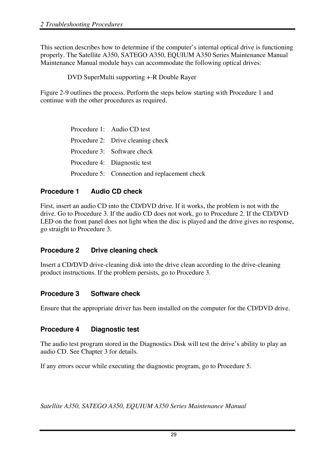 Toshiba A350 manual Procedure 1 Audio CD check, Procedure 2 Drive cleaning check, Procedure Diagnostic test 