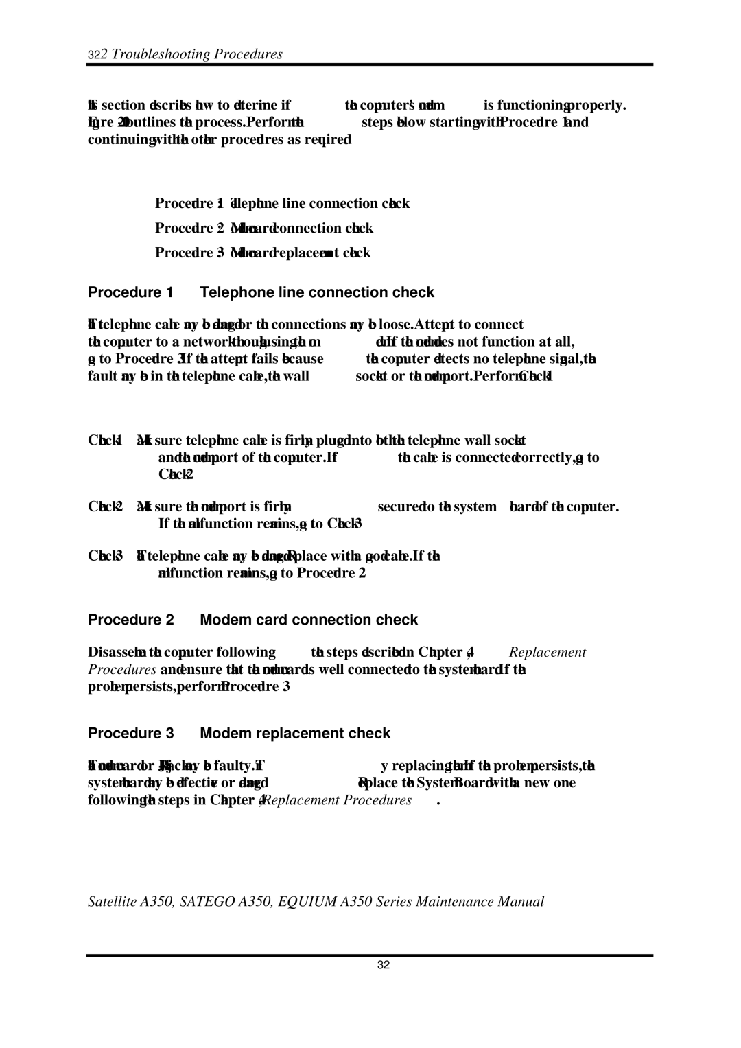Toshiba A350 manual Procedure 1 Telephone line connection check, Procedure 2 Modem card connection check 