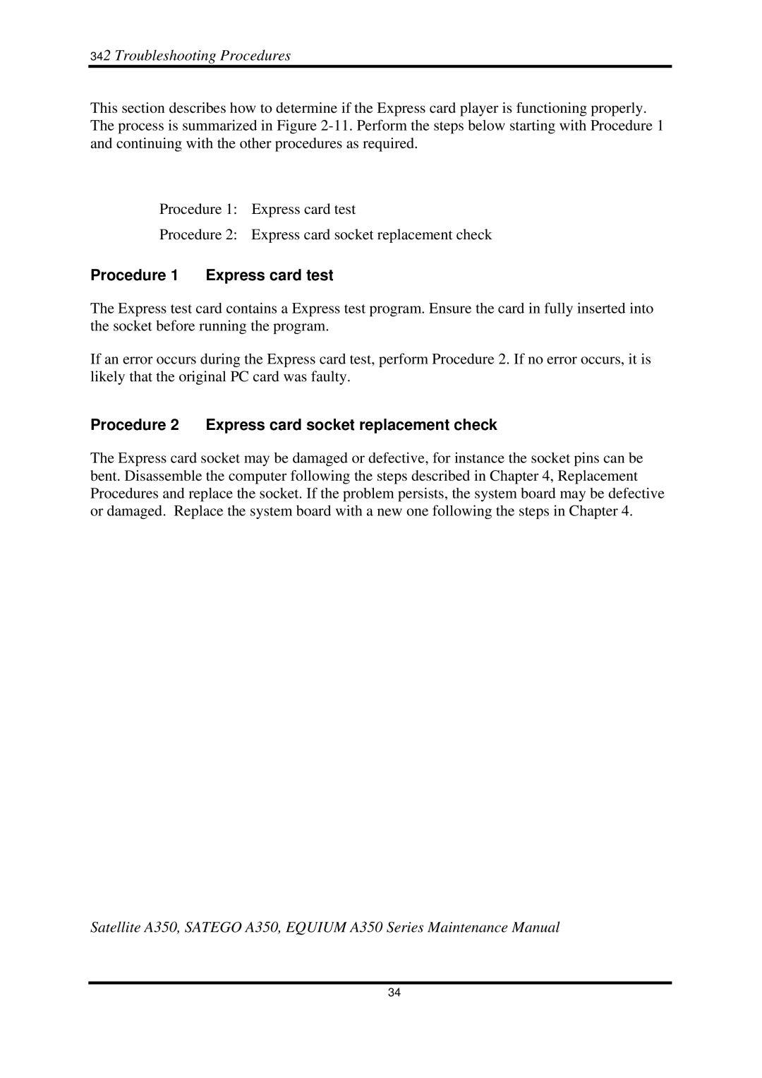 Toshiba A350 manual Procedure 1 Express card test, Procedure 2 Express card socket replacement check 