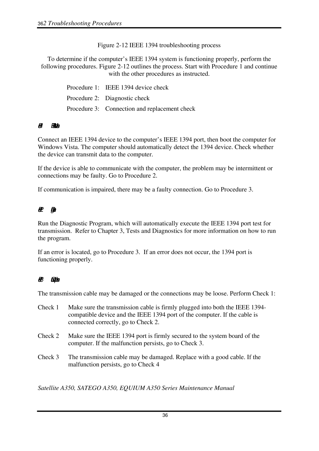 Toshiba A350 manual Procedure 1 Ieee 1394 device check, Procedure 3 Connection and replacement check 