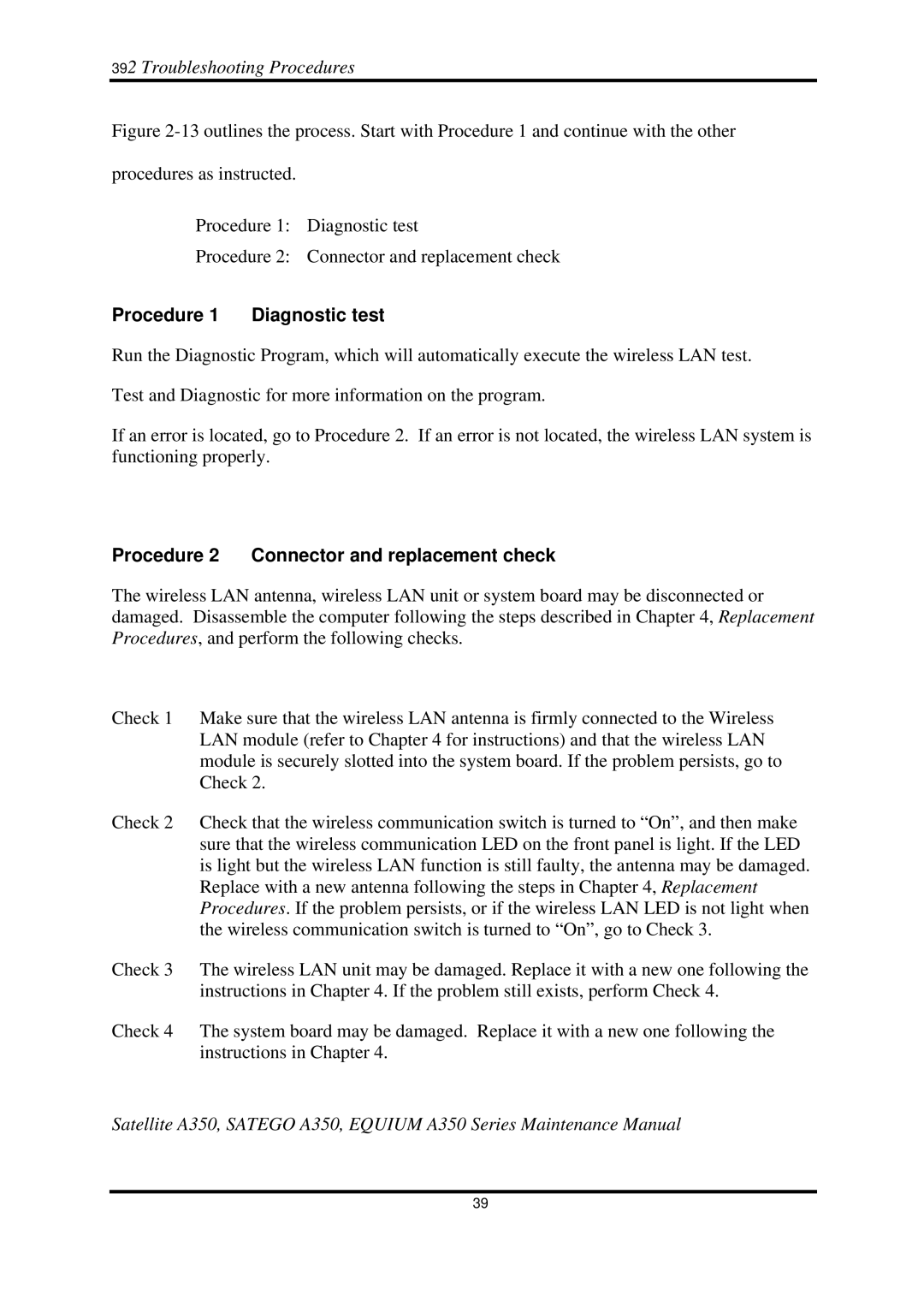 Toshiba A350 manual Procedure Diagnostic test, Procedure 2 Connector and replacement check 