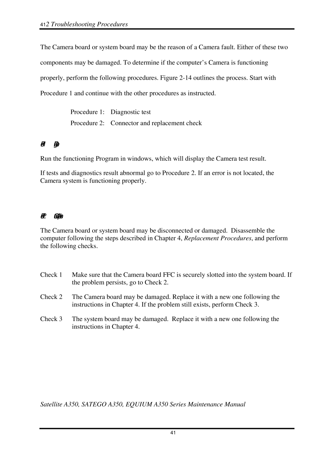 Toshiba A350 manual Procedure Diagnostic test 