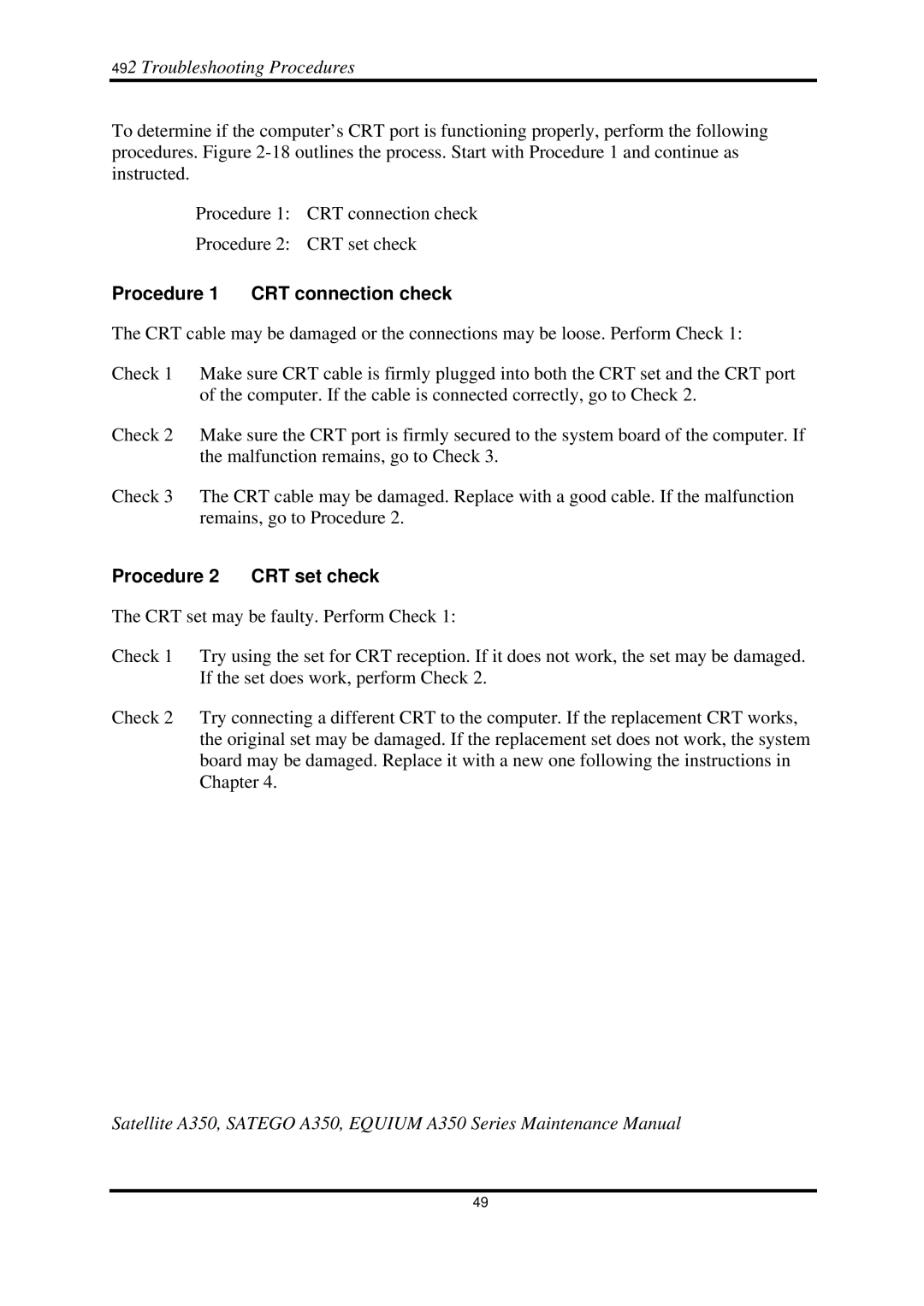 Toshiba A350 manual Procedure 1 CRT connection check, Procedure 2 CRT set check 