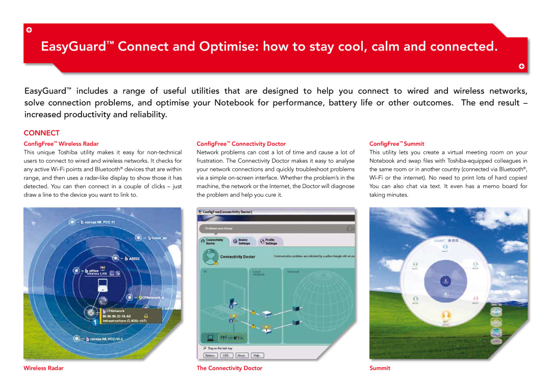 Toshiba A7, A3X, A6 manual ConfigFree Wireless Radar, ConfigFree Connectivity Doctor, ConfigFree Summit 