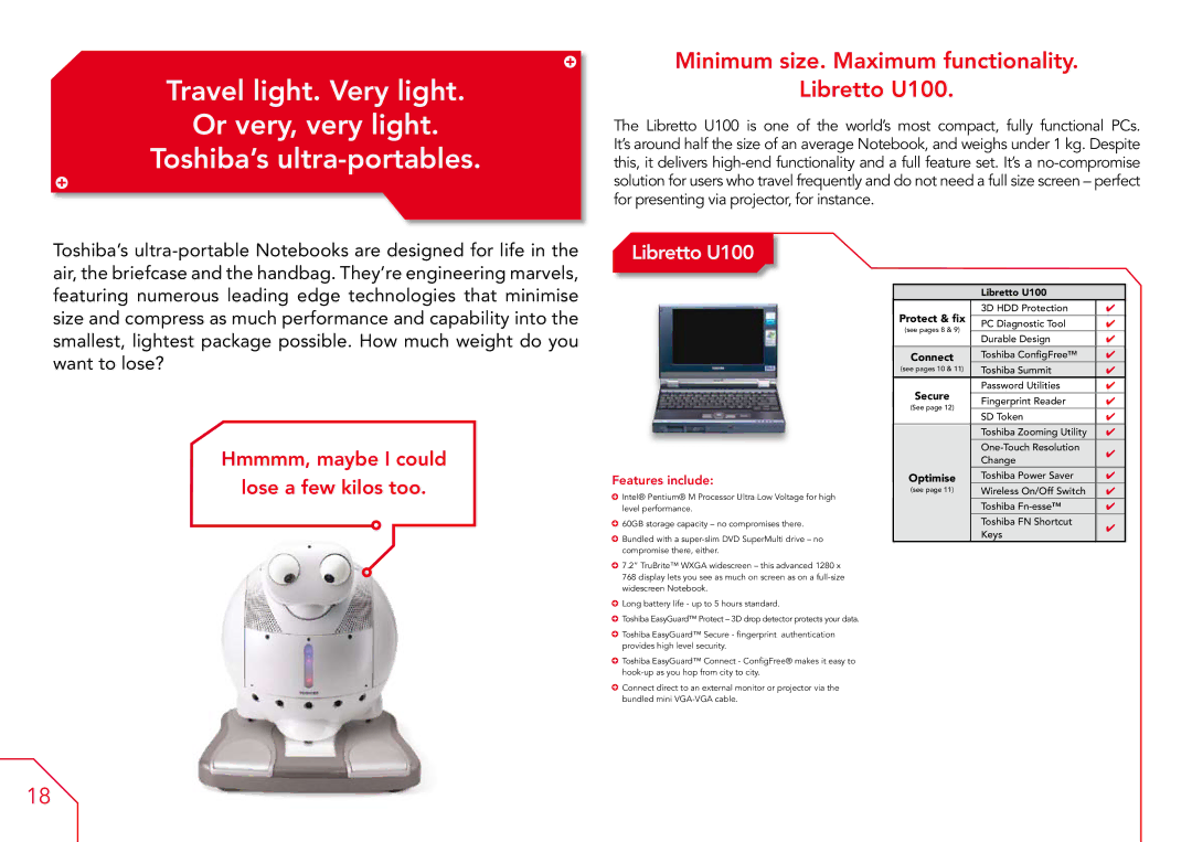 Toshiba A3X, A7, A6 manual Minimum size. Maximum functionality Libretto U100 