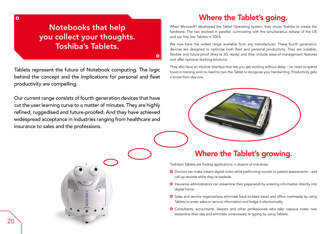 Toshiba A6, A3X, A7 manual You collect your thoughts Toshiba’s Tablets, Where the Tablet’s going 