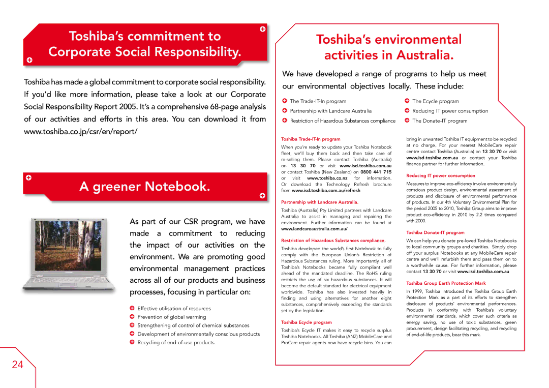 Toshiba A3X, A7, A6 manual Toshiba’s commitment to Corporate Social Responsibility, Greener Notebook 