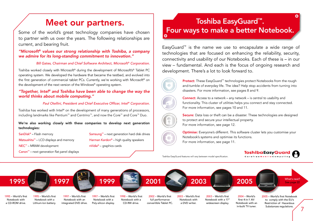 Toshiba A7, A3X, A6 manual Meet our partners, Toshiba EasyGuard Four ways to make a better Notebook 