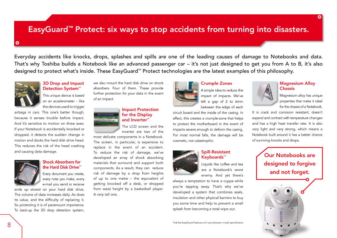 Toshiba A6, A3X, A7 manual 3D Drop and Impact Detection System, Impact Protection for the Display and Inverter, Crumple Zones 