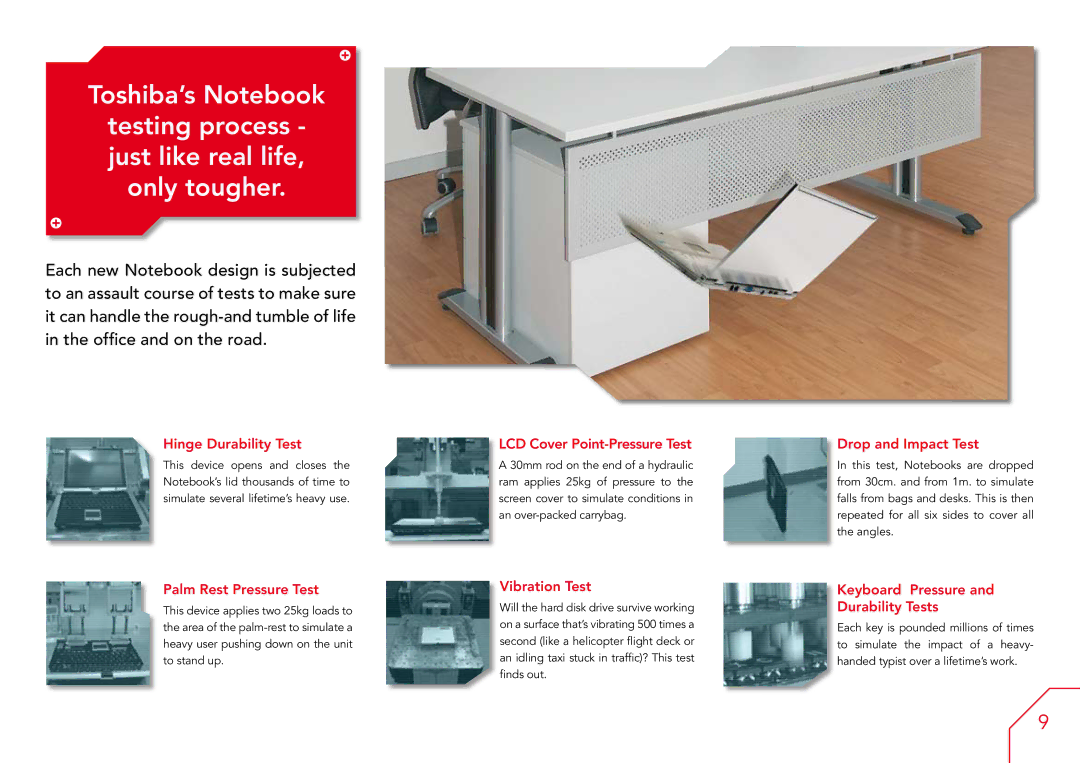 Toshiba A3X, A7, A6 manual Hinge Durability Test, Palm Rest Pressure Test, LCD Cover Point-Pressure Test, Vibration Test 