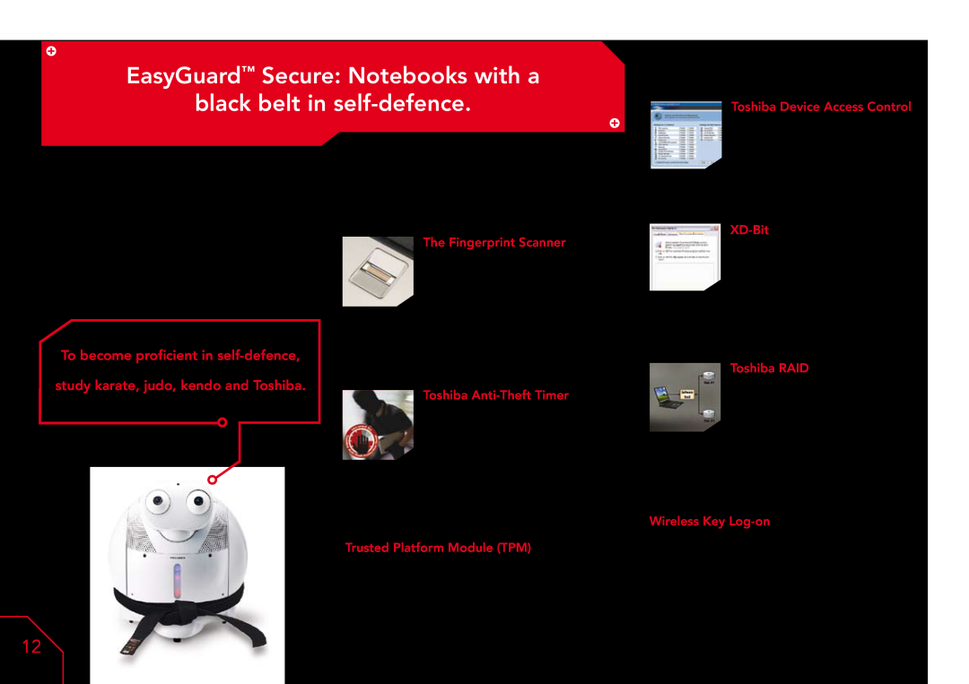 Toshiba A3X EasyGuard Secure Notebooks with a black belt in self-defence, study karate, judo, kendo and Toshiba, XD-Bit 