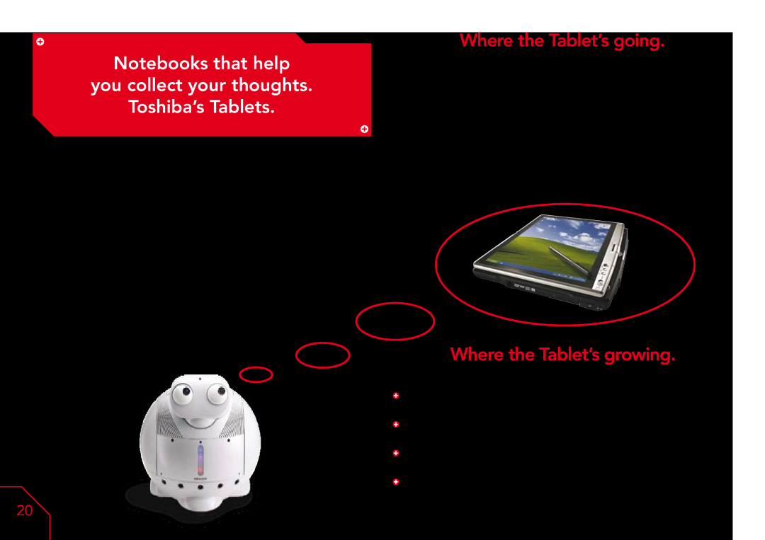 Toshiba A6, A3X, A7 manual Notebooks that help you collect your thoughts Toshiba’s Tablets, Where the Tablet’s going 