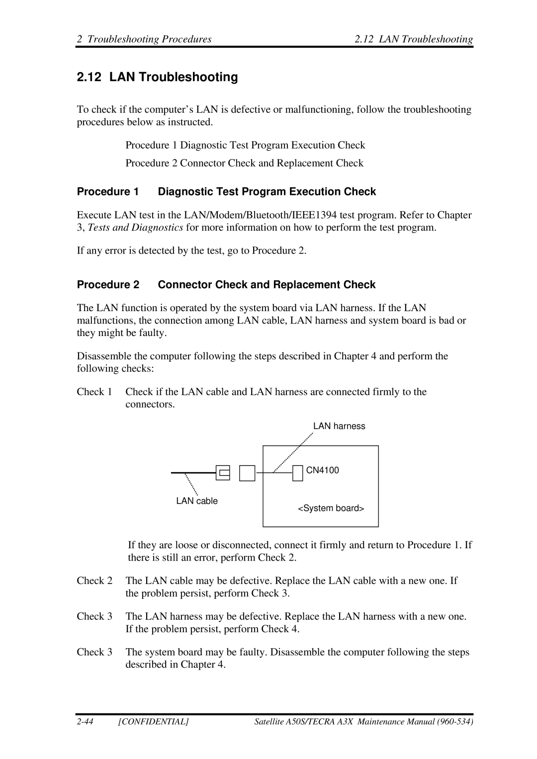 Toshiba A3X manual Troubleshooting Procedures LAN Troubleshooting 