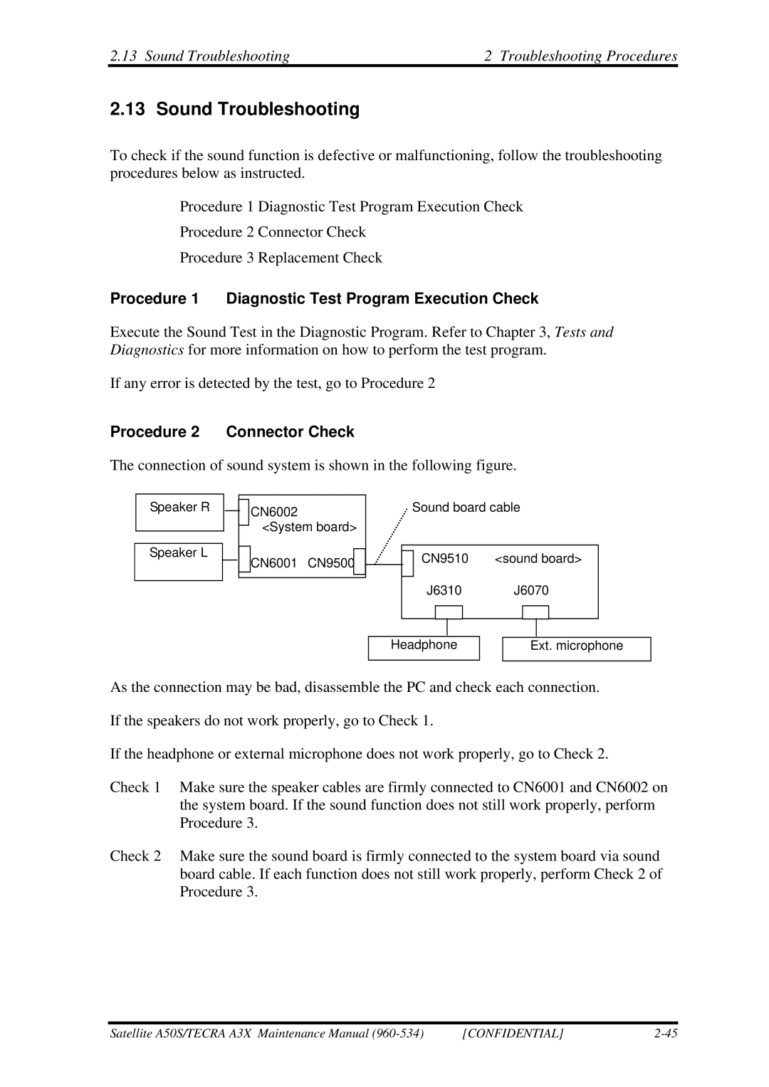 Toshiba A3X manual Sound Troubleshooting Troubleshooting Procedures, Procedure 2 Connector Check 