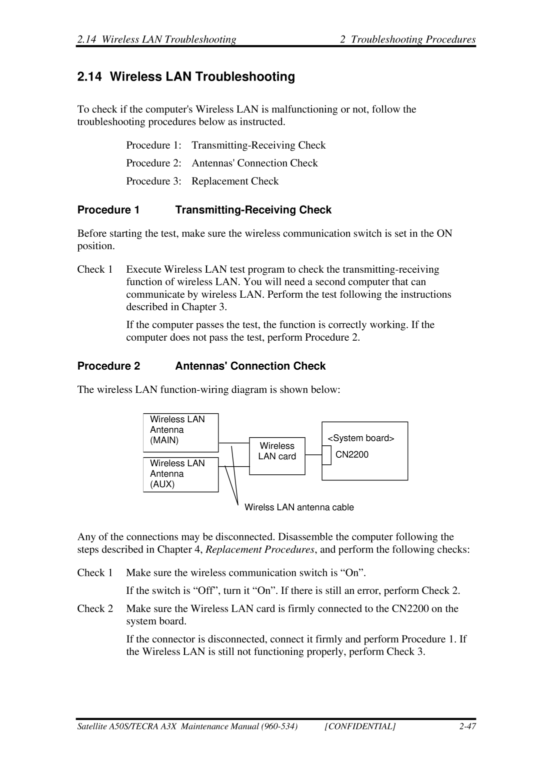 Toshiba A3X manual Wireless LAN Troubleshooting Troubleshooting Procedures, Procedure 1 Transmitting-Receiving Check 