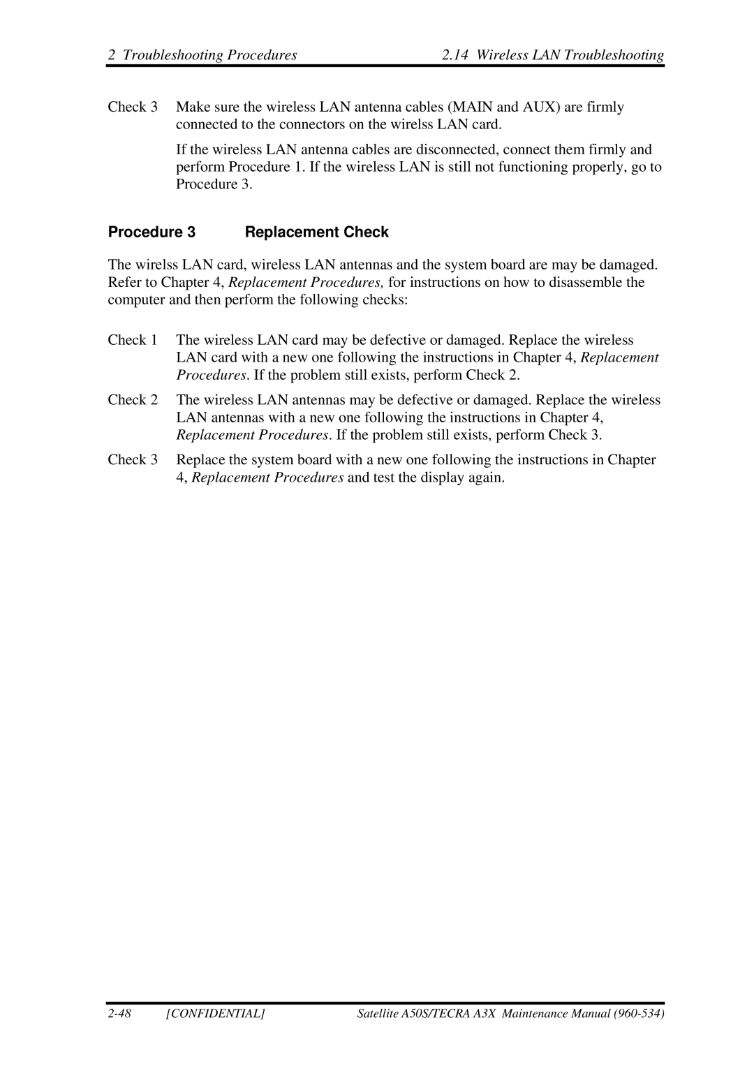 Toshiba A3X manual Troubleshooting Procedures Wireless LAN Troubleshooting 