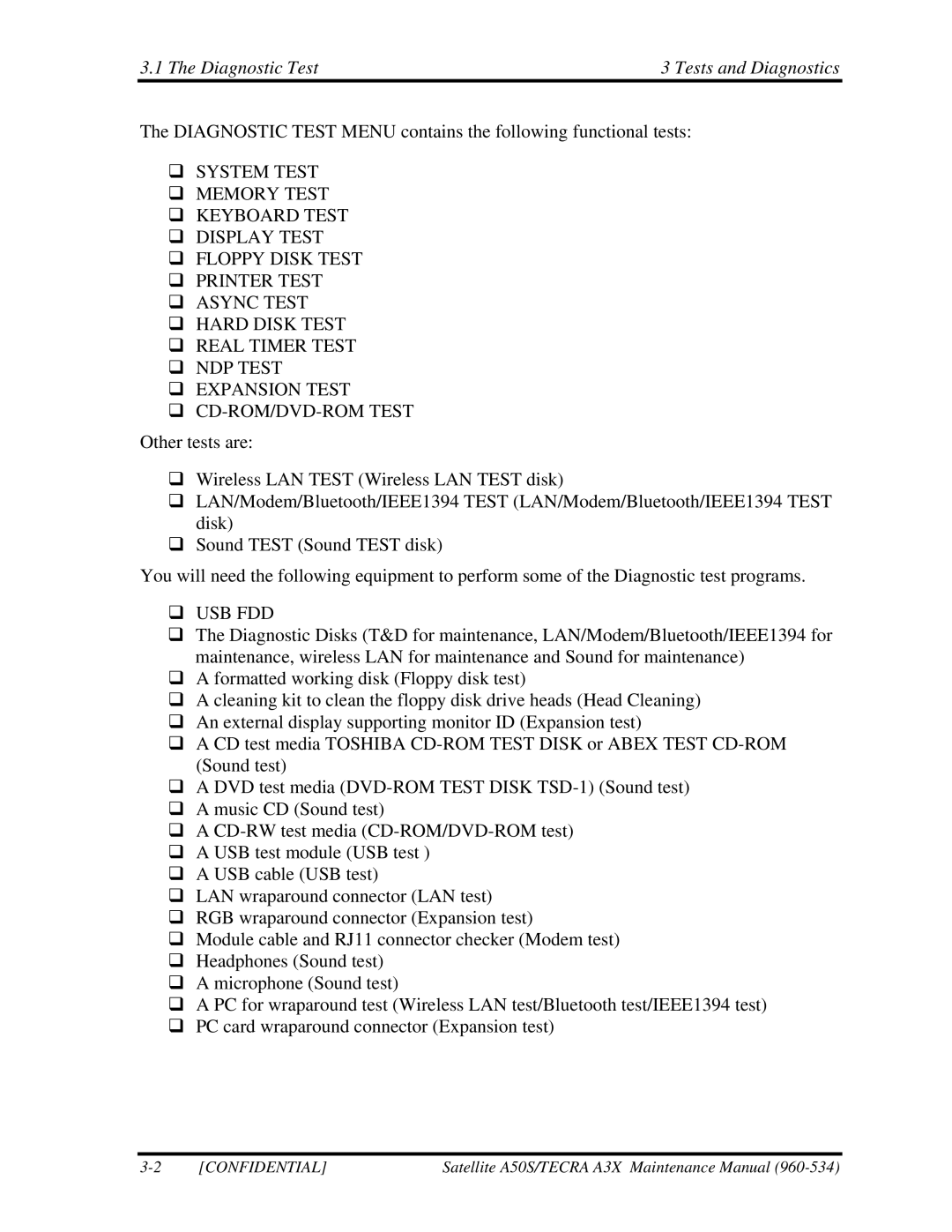 Toshiba A3X manual Diagnostic Test Tests and Diagnostics 