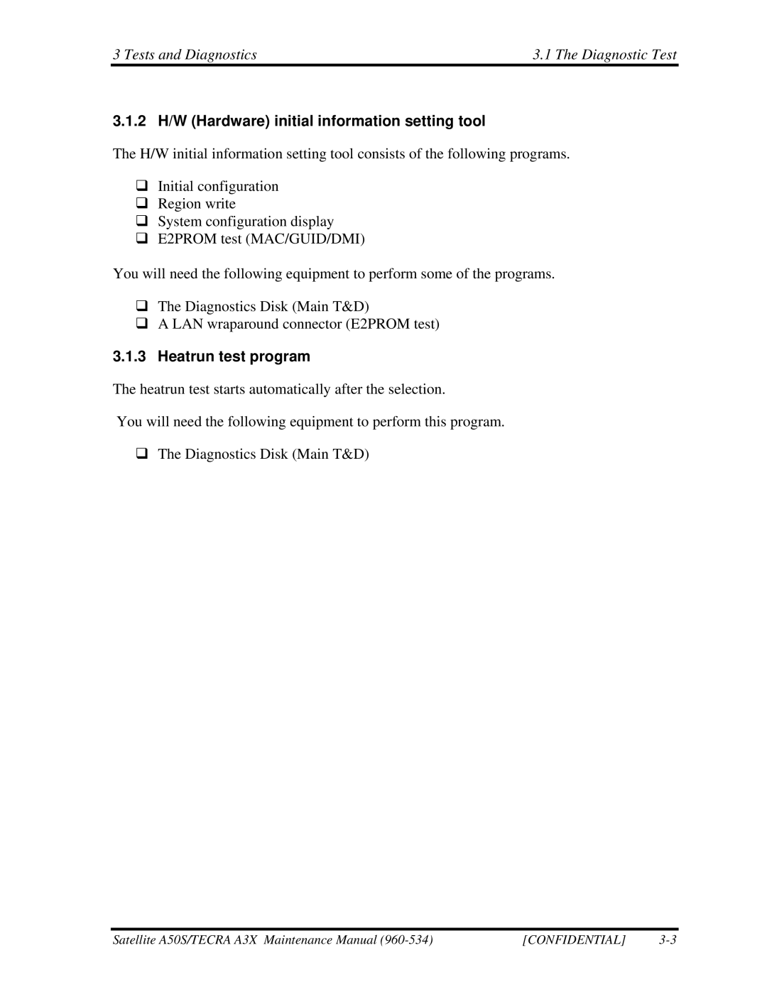 Toshiba A3X manual 2 H/W Hardware initial information setting tool, Heatrun test program 