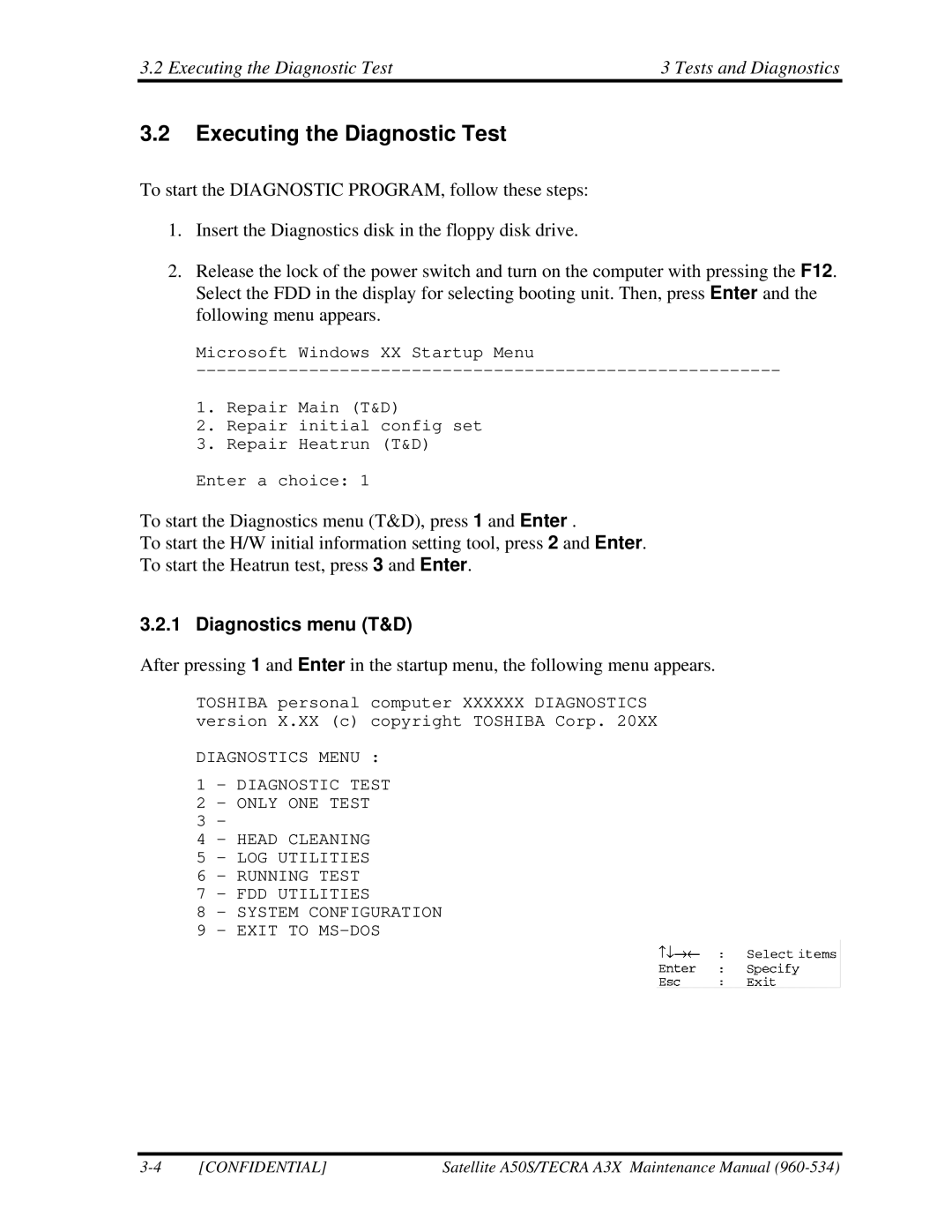 Toshiba A3X manual Executing the Diagnostic Test Tests and Diagnostics, Diagnostics menu T&D 