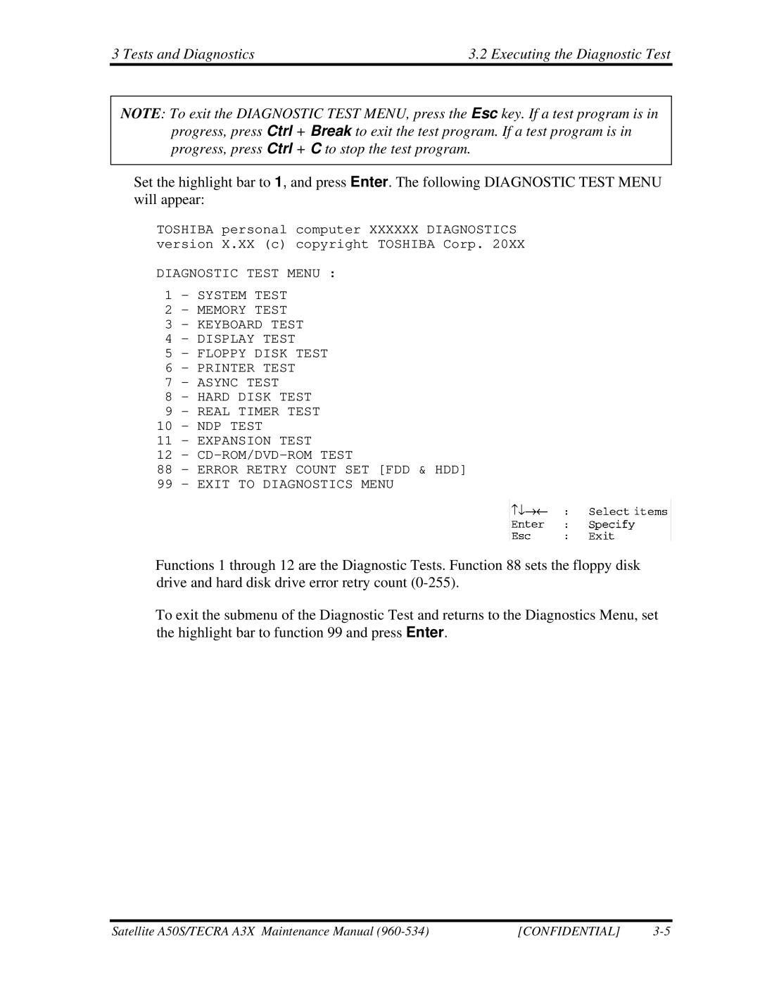 Toshiba A3X manual Tests and Diagnostics Executing the Diagnostic Test 