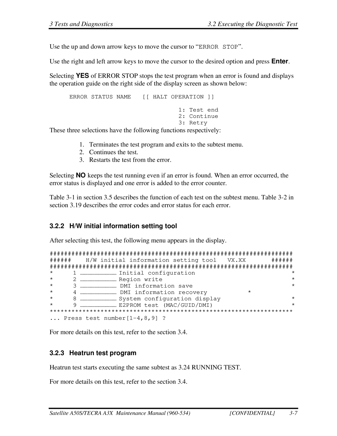 Toshiba A3X manual 2 H/W initial information setting tool, Heatrun test program 