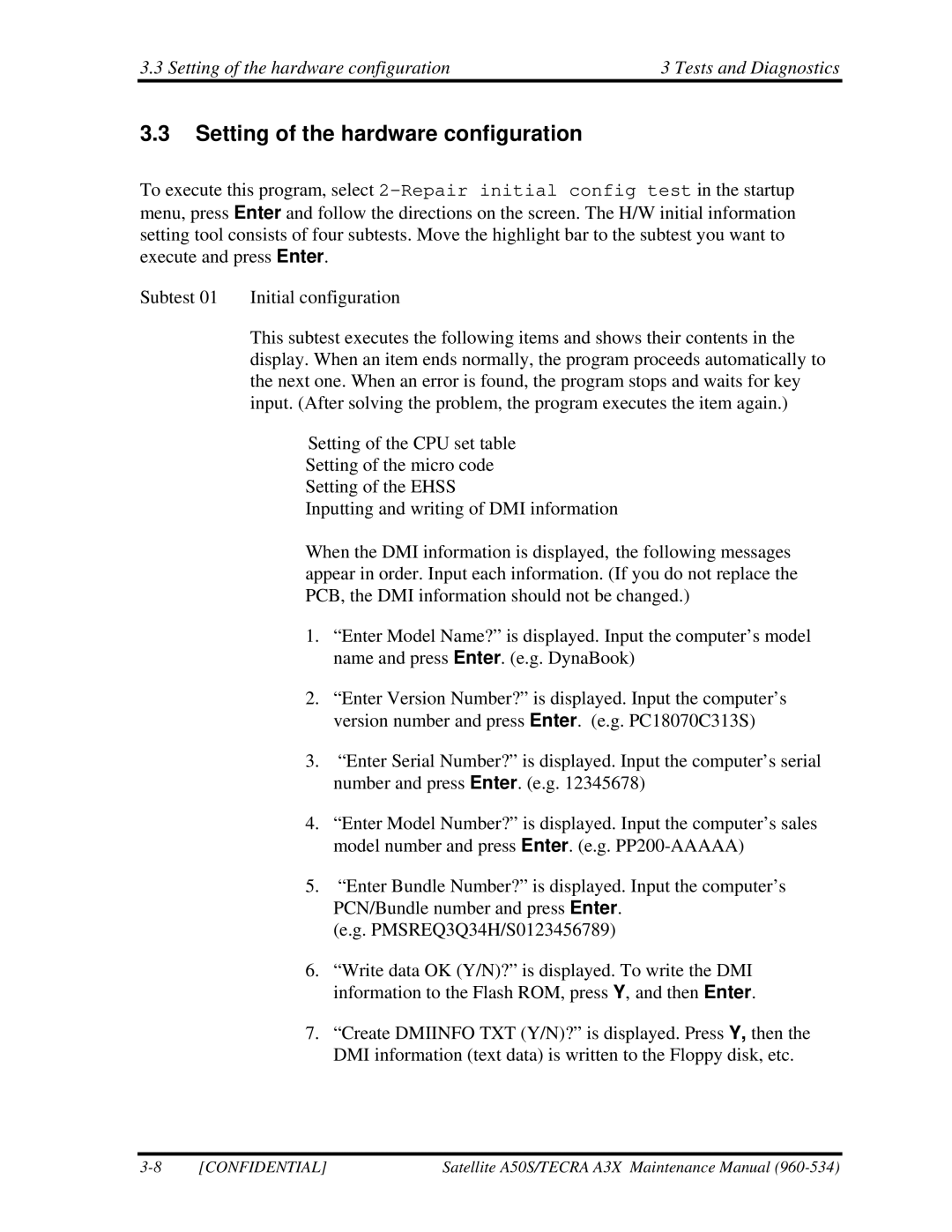 Toshiba A3X manual Setting of the hardware configuration Tests and Diagnostics 