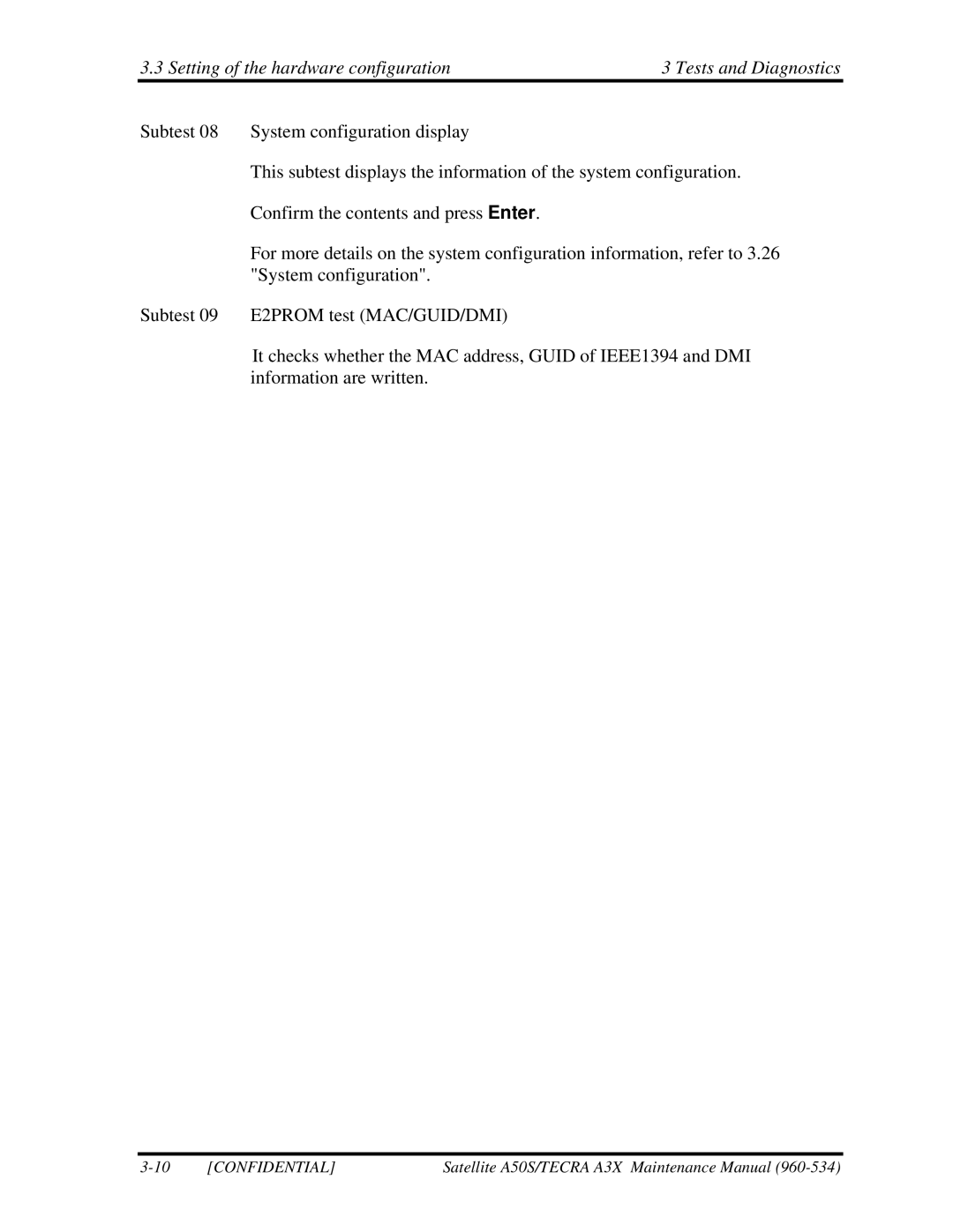 Toshiba A3X manual Setting of the hardware configuration Tests and Diagnostics 