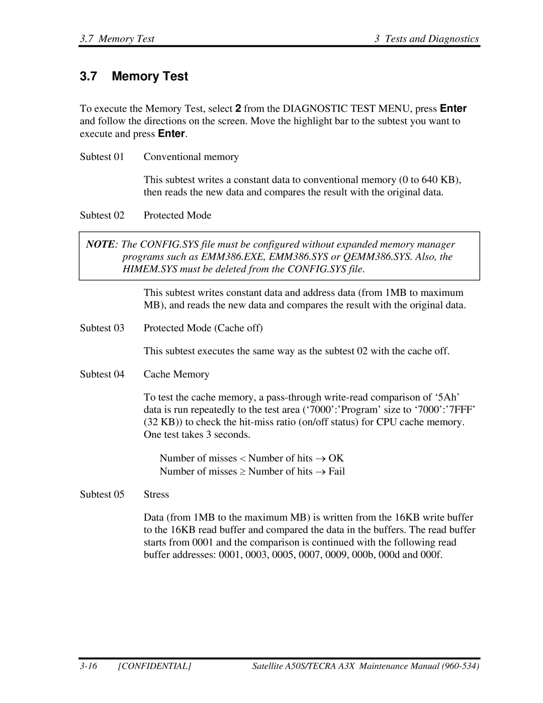 Toshiba A3X manual Memory Test Tests and Diagnostics 