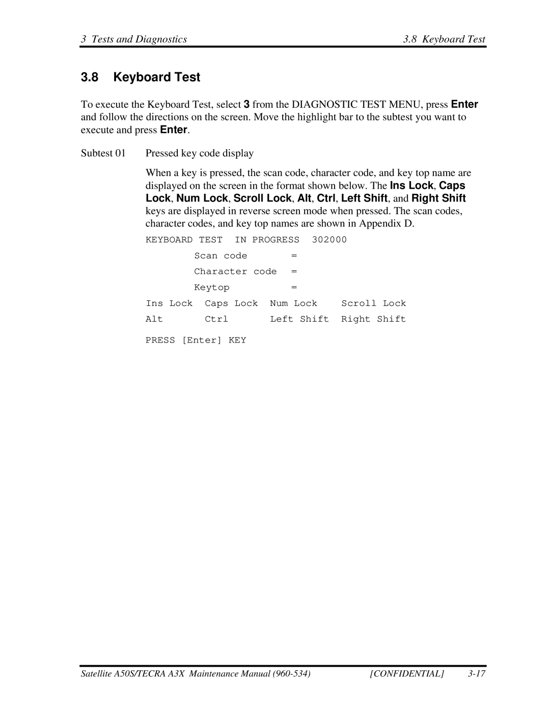 Toshiba A3X manual Tests and Diagnostics Keyboard Test 