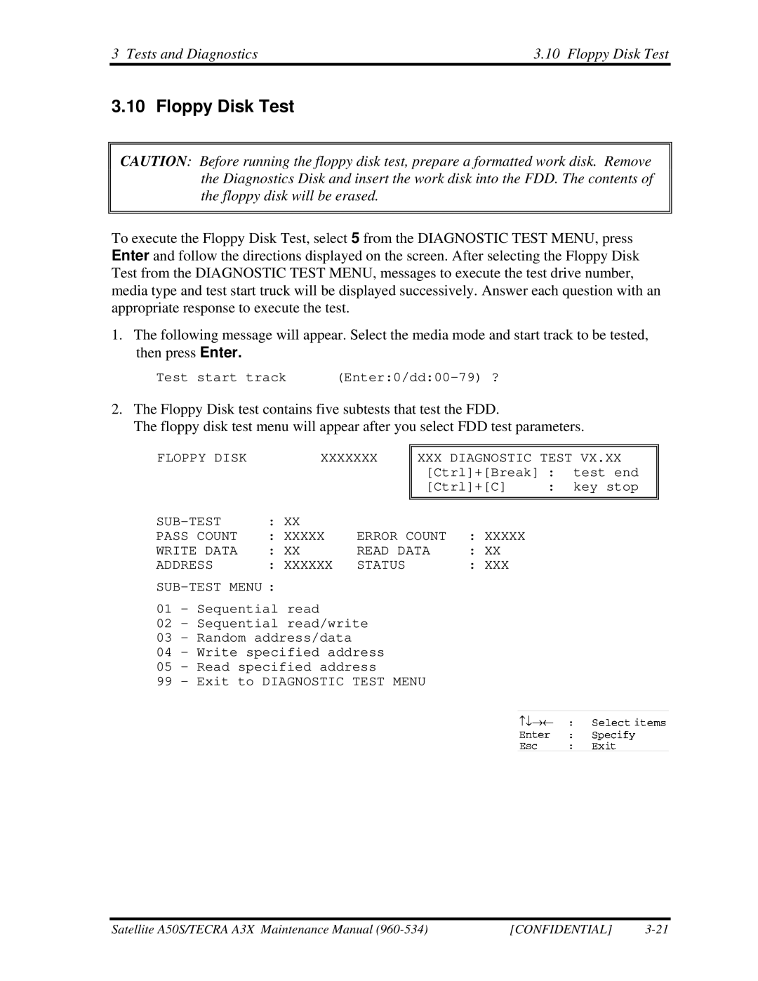 Toshiba A3X manual Tests and Diagnostics Floppy Disk Test 