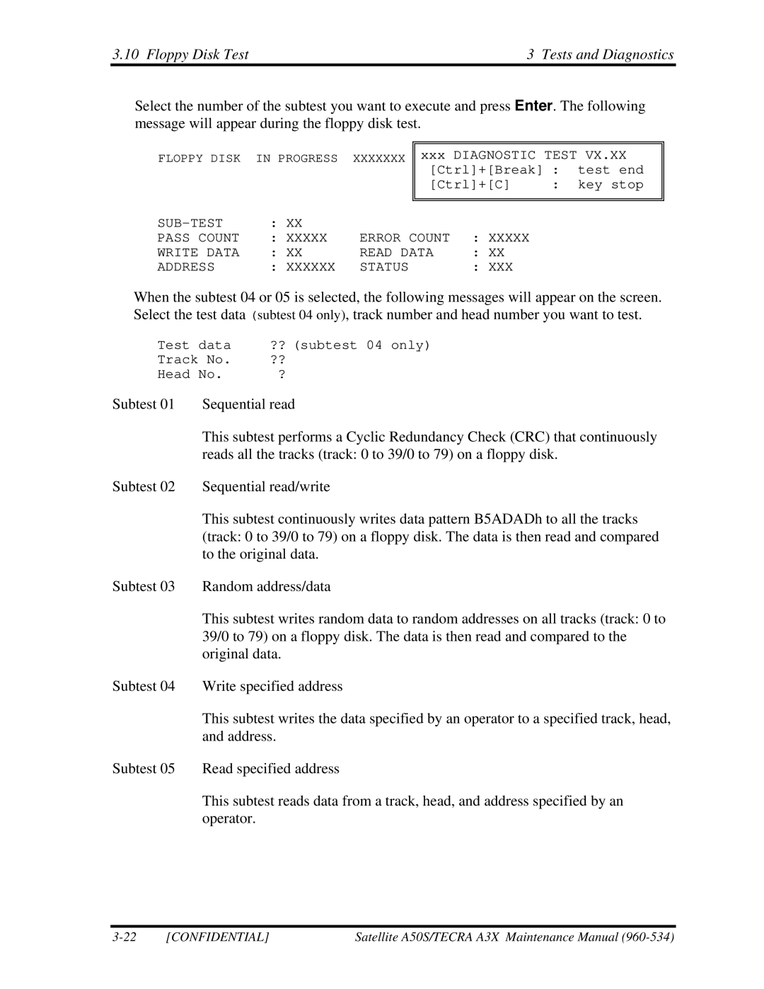 Toshiba A3X manual Floppy Disk Test Tests and Diagnostics 