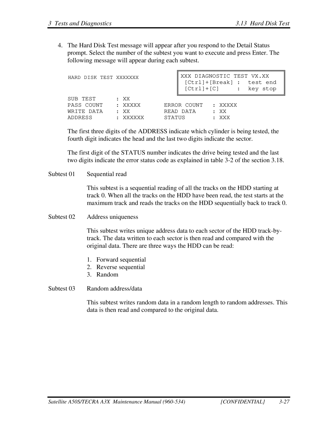 Toshiba A3X manual Tests and Diagnostics Hard Disk Test 