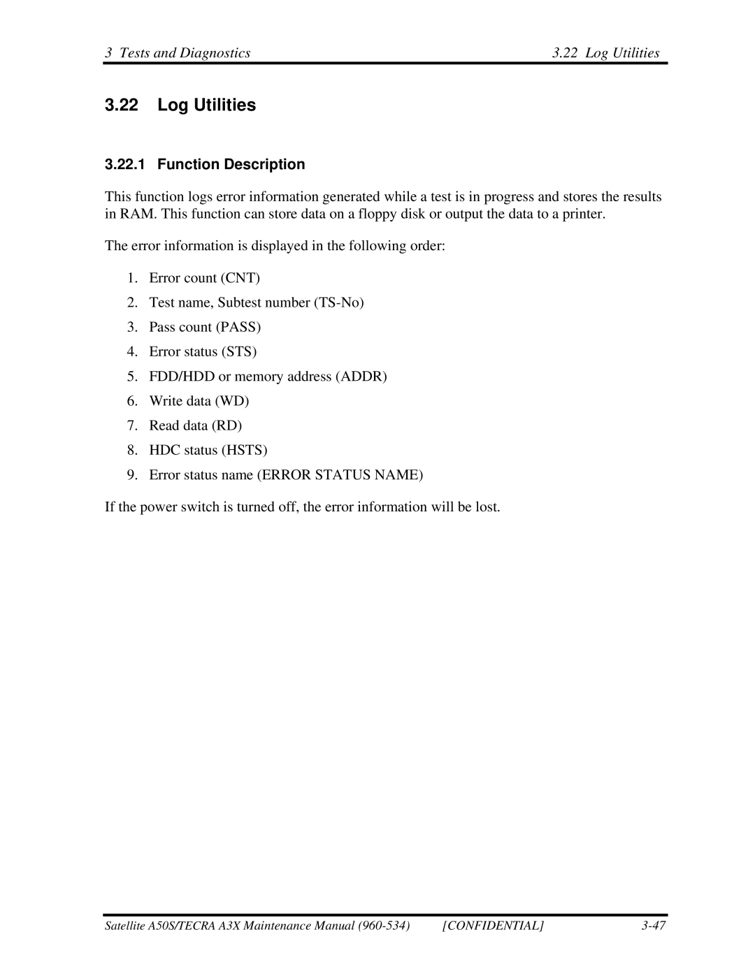 Toshiba A3X manual Tests and Diagnostics Log Utilities 