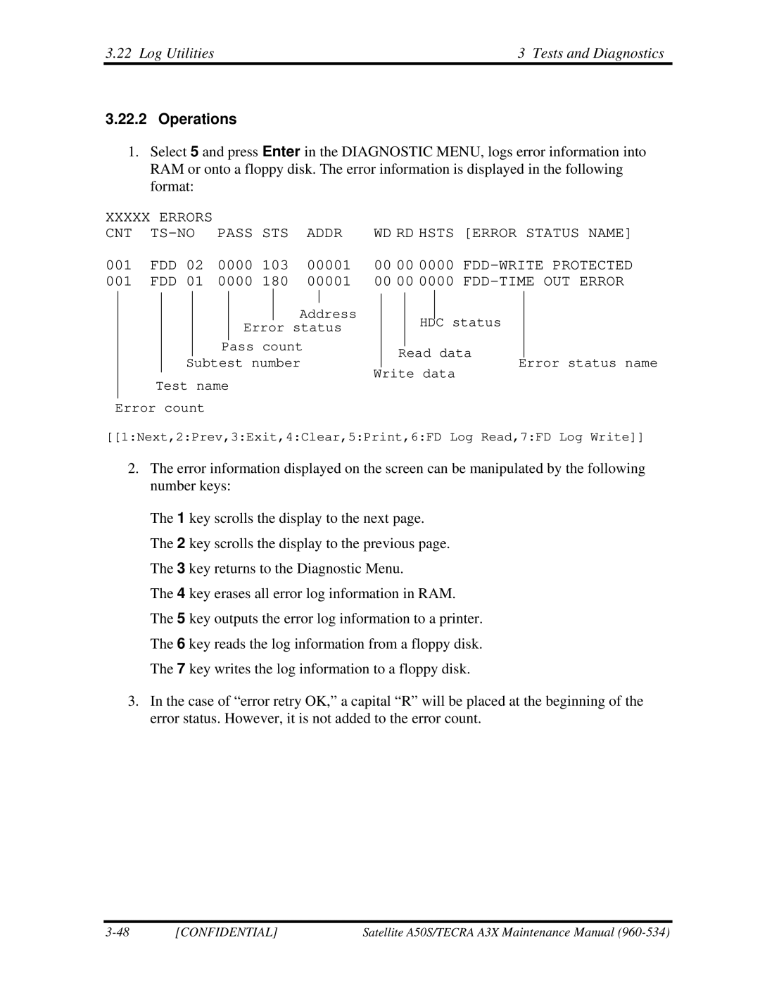 Toshiba A3X manual Log Utilities Tests and Diagnostics, 00 00 0000 FDD-WRITE Protected 