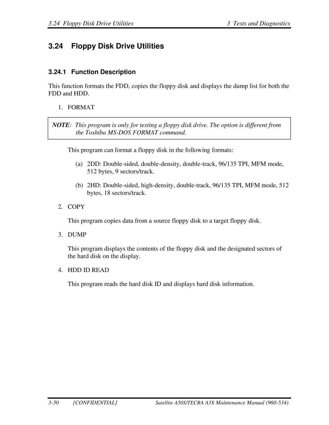 Toshiba A3X manual Floppy Disk Drive Utilities Tests and Diagnostics 