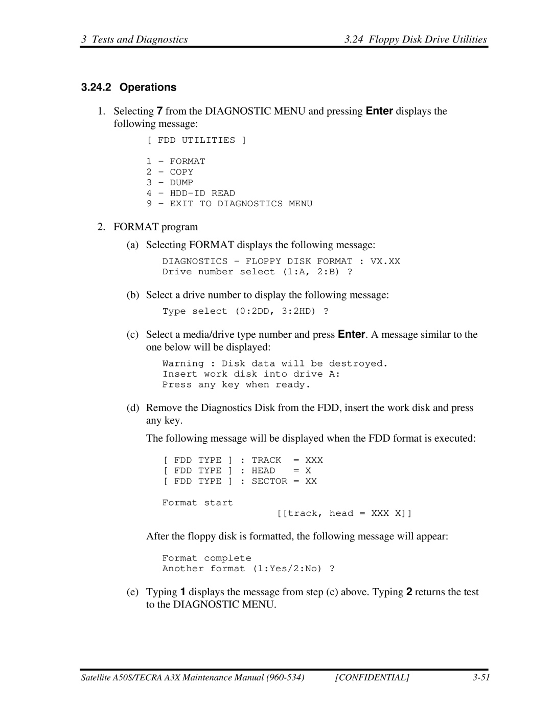 Toshiba A3X manual Tests and Diagnostics Floppy Disk Drive Utilities 