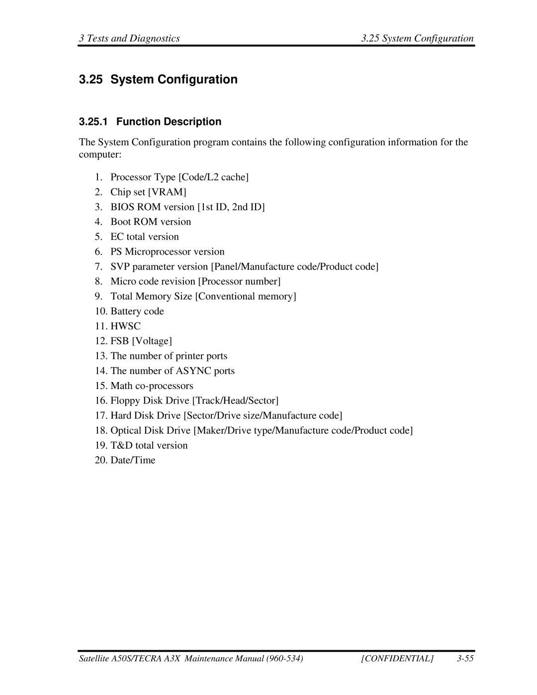 Toshiba A3X manual Tests and Diagnostics System Configuration 