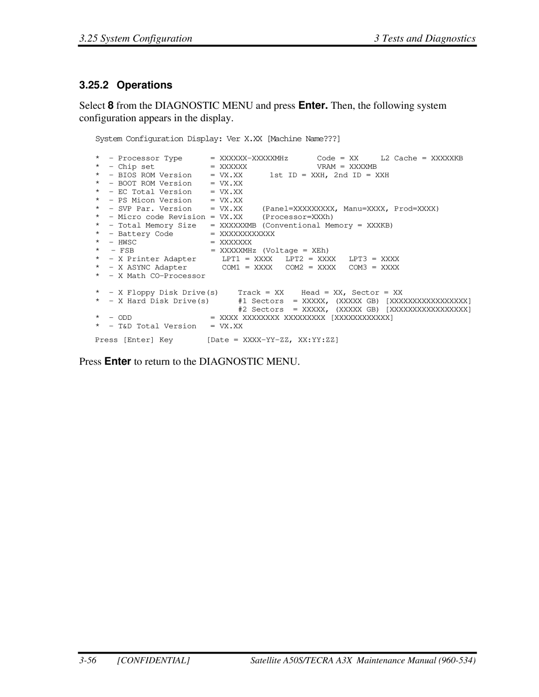 Toshiba A3X manual System Configuration Tests and Diagnostics, System Configuration Display Ver X.XX Machine Name??? 