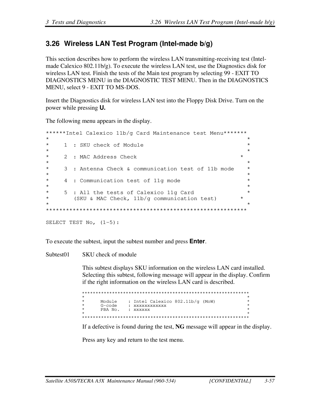 Toshiba A3X manual Wireless LAN Test Program Intel-made b/g 