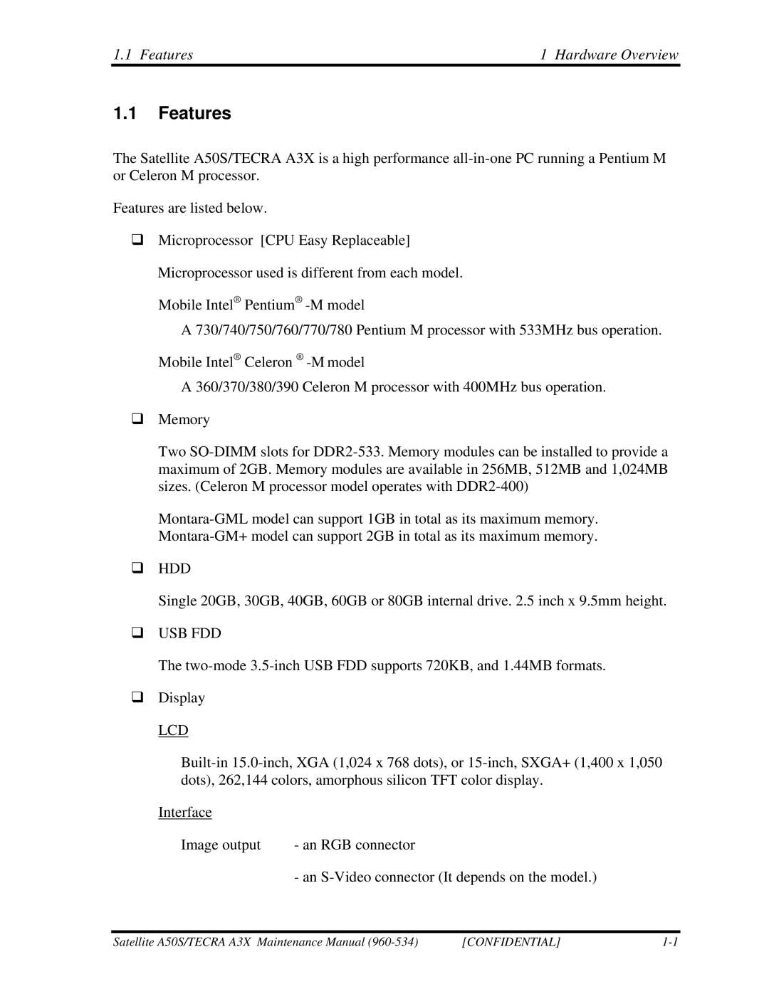 Toshiba A3X manual Features Hardware Overview 