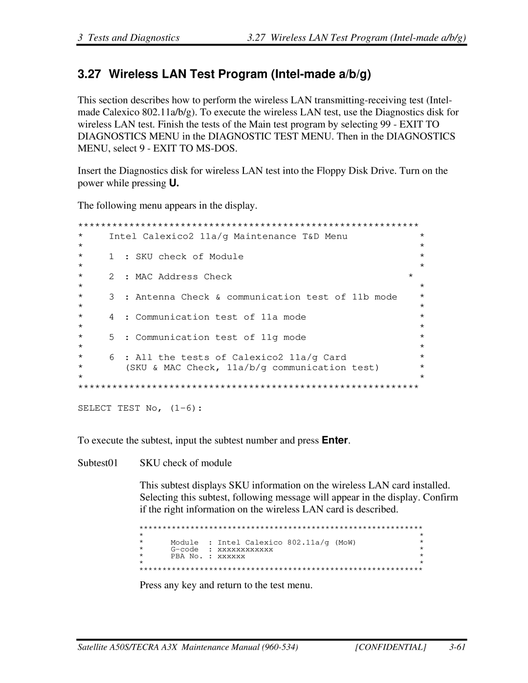 Toshiba A3X manual Wireless LAN Test Program Intel-made a/b/g 