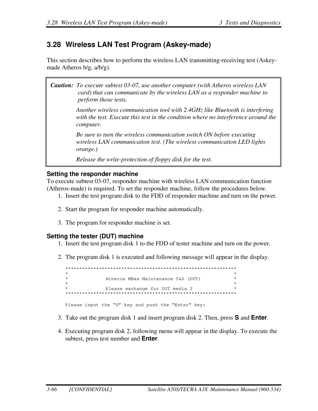 Toshiba A3X manual Wireless LAN Test Program Askey-made Tests and Diagnostics, Setting the tester DUT machine 