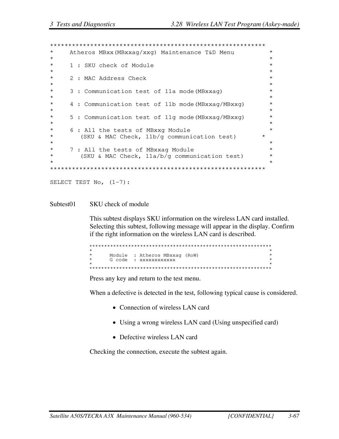 Toshiba A3X manual Tests and Diagnostics Wireless LAN Test Program Askey-made 